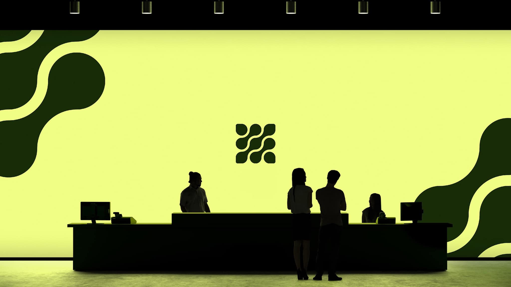 Silhouetted people at a reception desk in front of a lime wall with the Gamlify mark and wave shapes