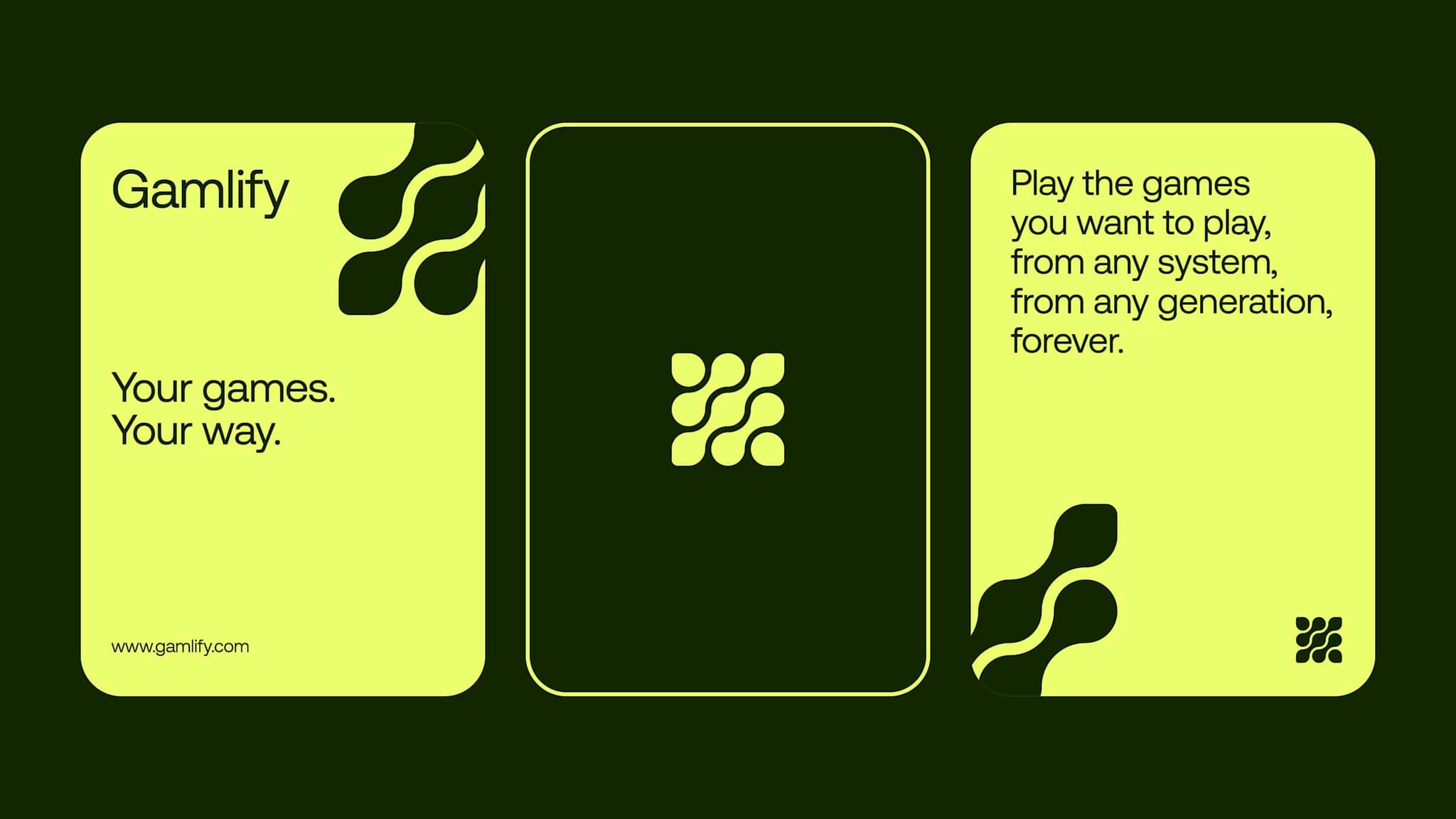 Three Gamlify cards: “Your games. Your way.”, the mark, and the line “Play the games you want to play, from any system, from any generation, forever.”