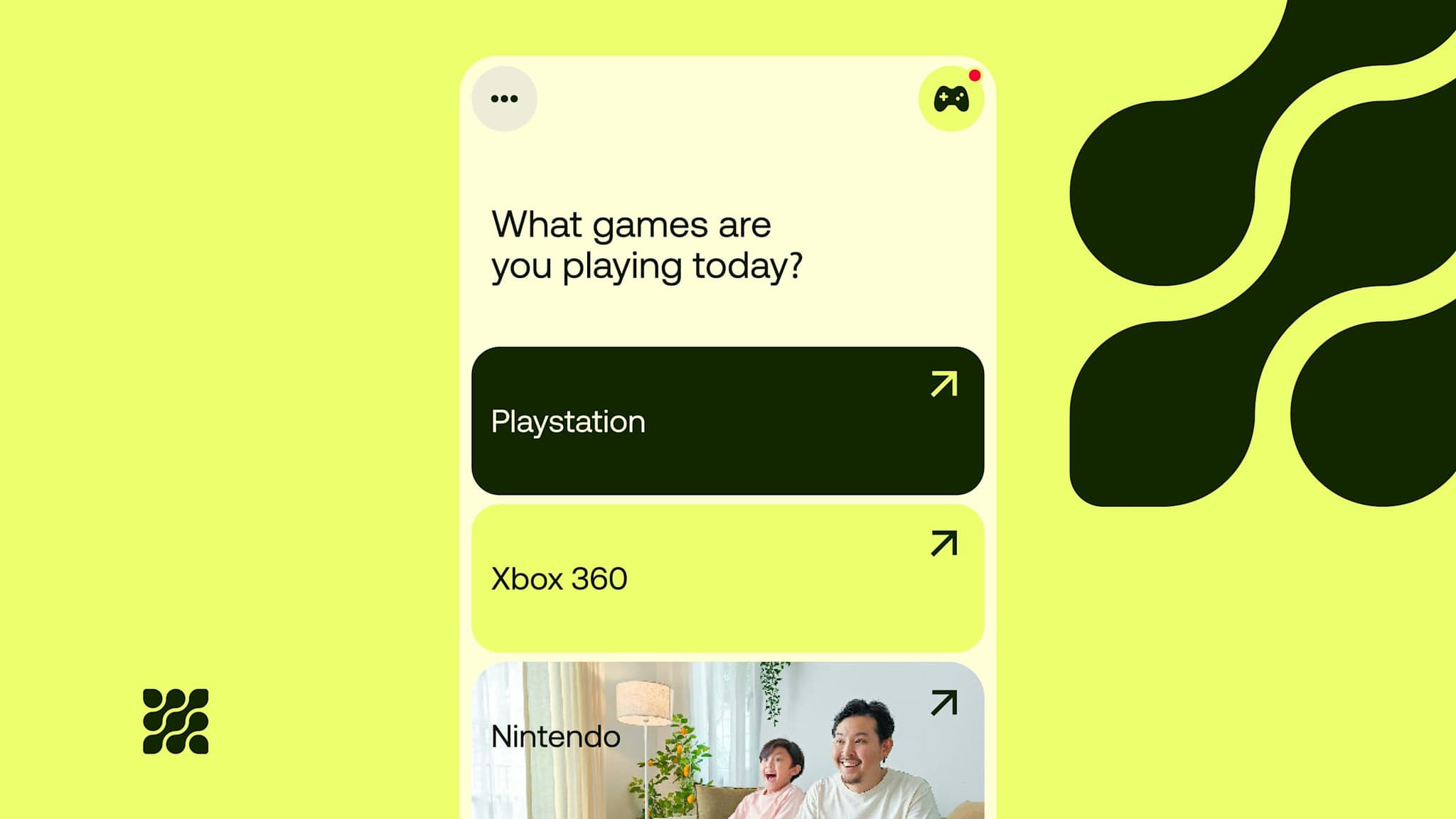 Gamlify mobile screen asking “What games are you playing today?” with PlayStation, Xbox 360 and Nintendo options