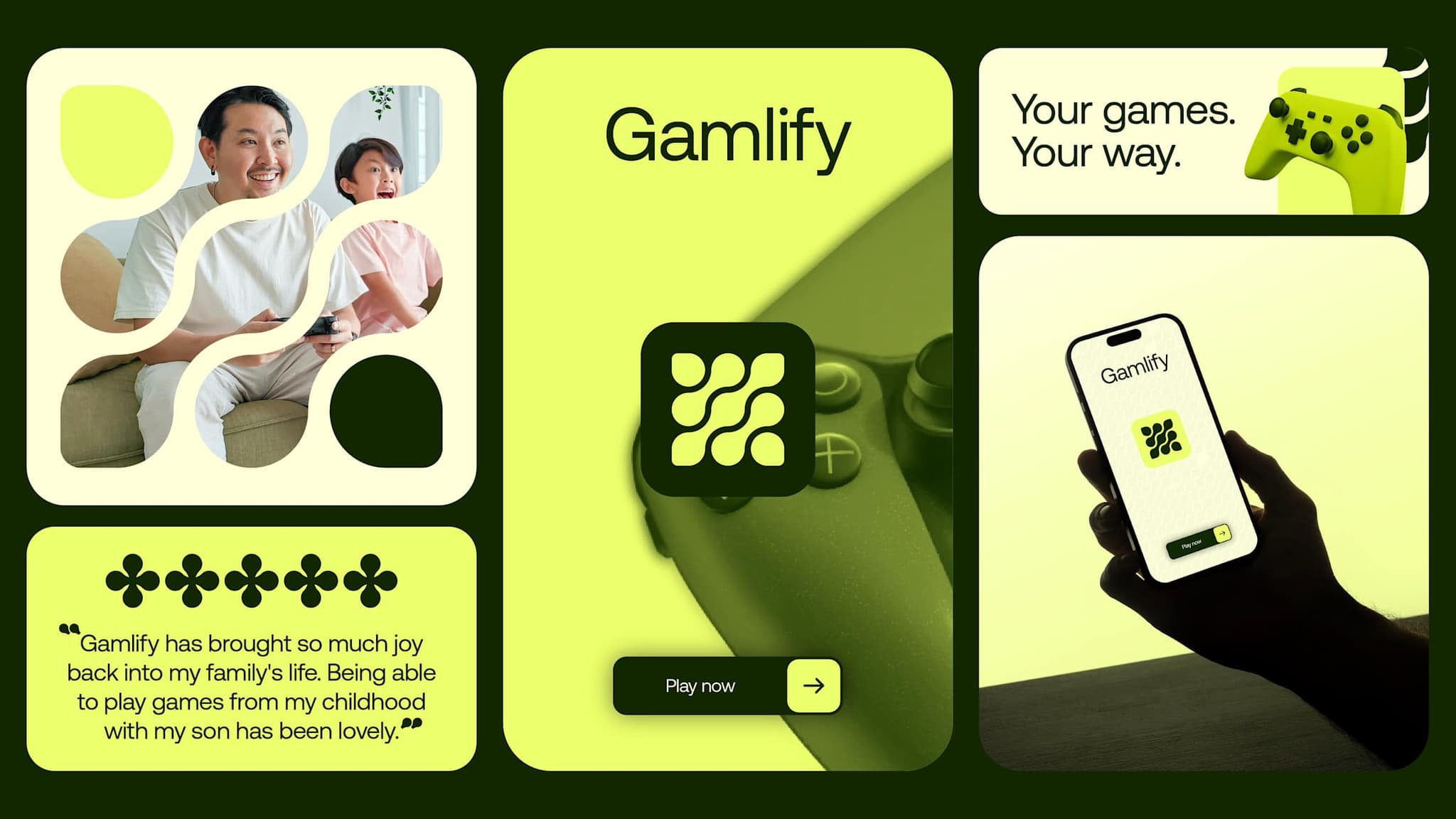 Gamlify social layouts featuring a father and son gaming, a customer quote, a controller and a phone