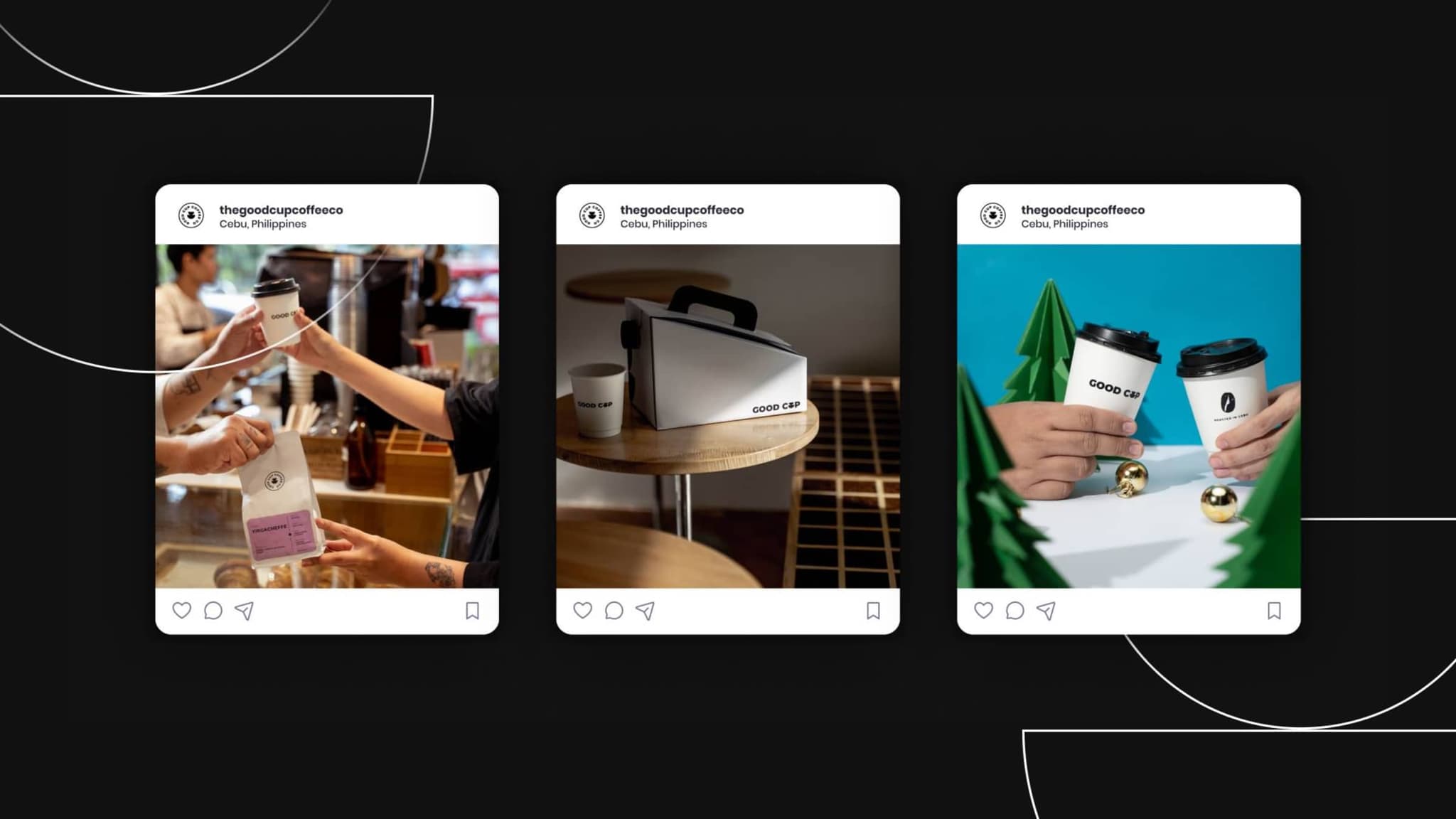 Three Good Cup Instagram posts showing coffee service and branded takeaway cups