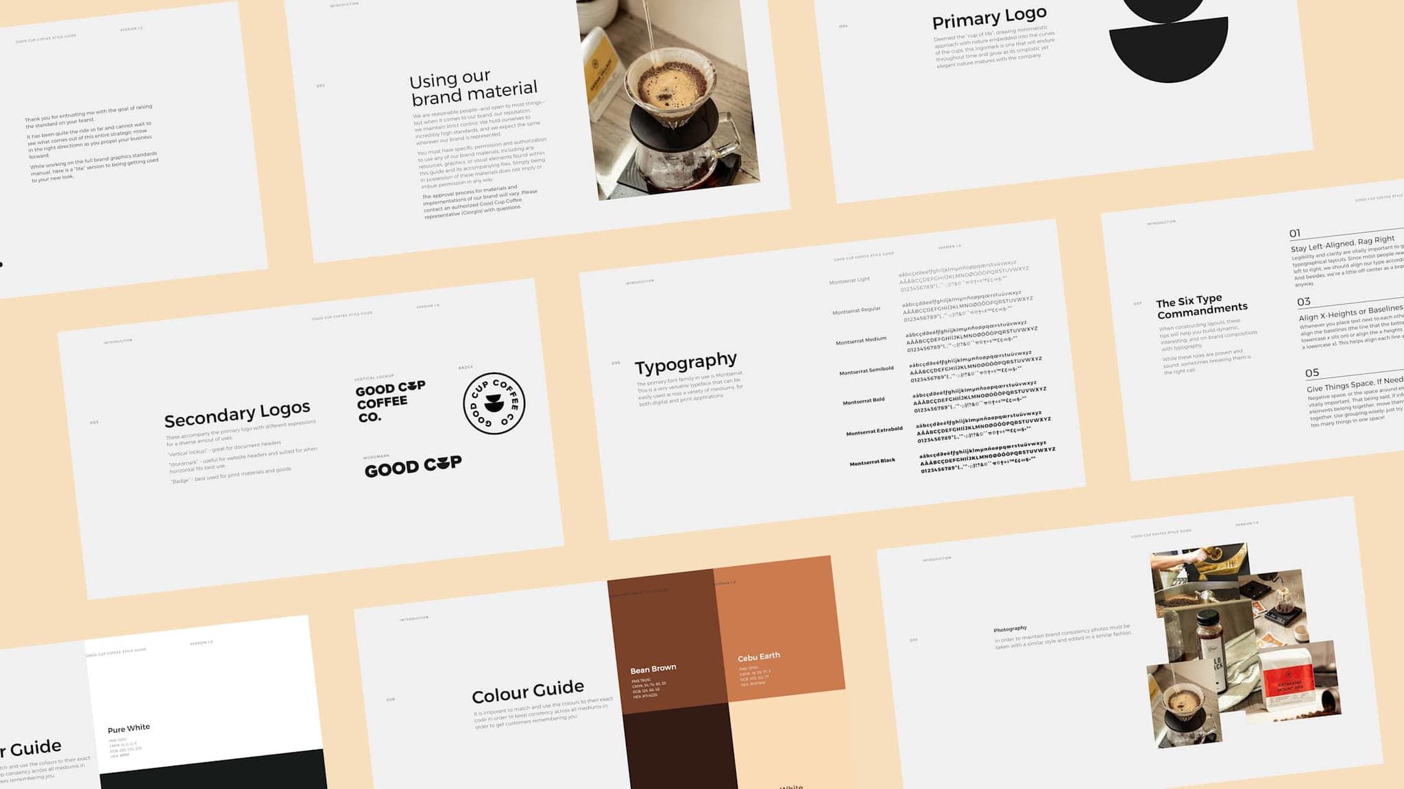 Spread of Good Cup brand guideline pages covering logos, typography and colour