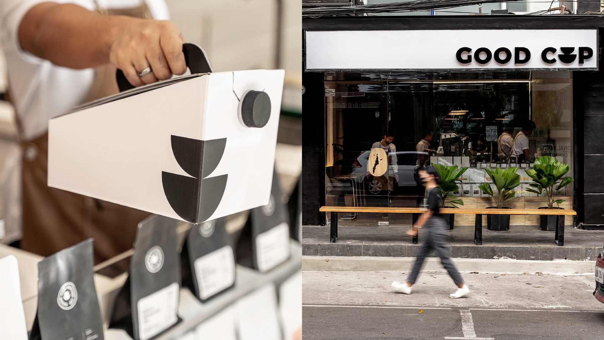 Branded Good Cup cup carrier beside the café storefront and its wordmark sign