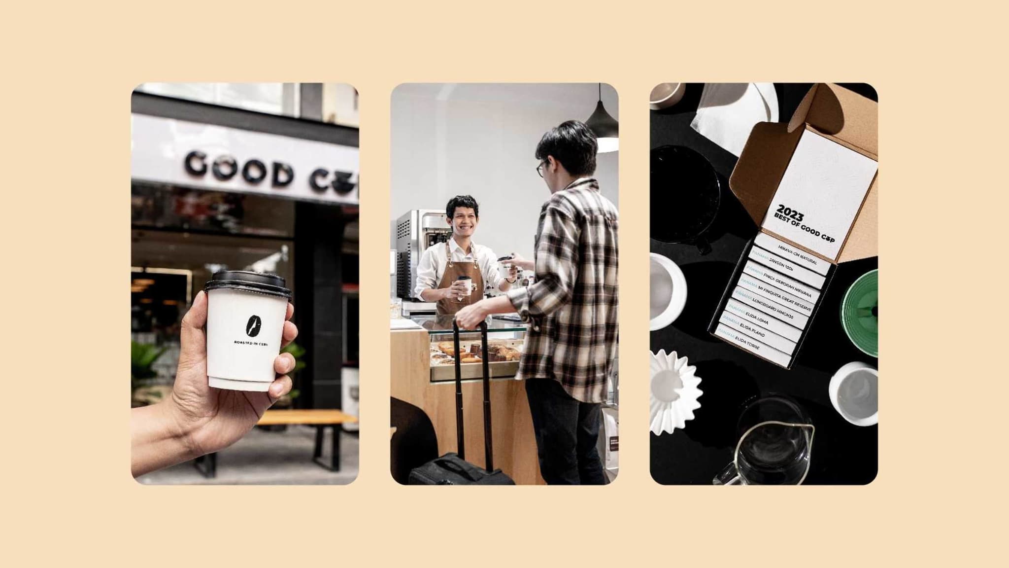 Three Good Cup social stories featuring a takeaway cup, a barista and packaging