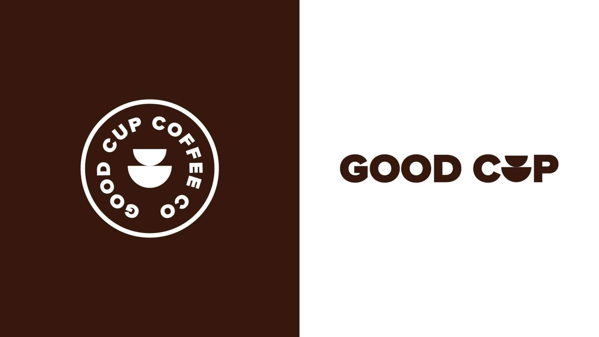Good Cup Coffee Co. roundel on dark brown beside the wordmark on white