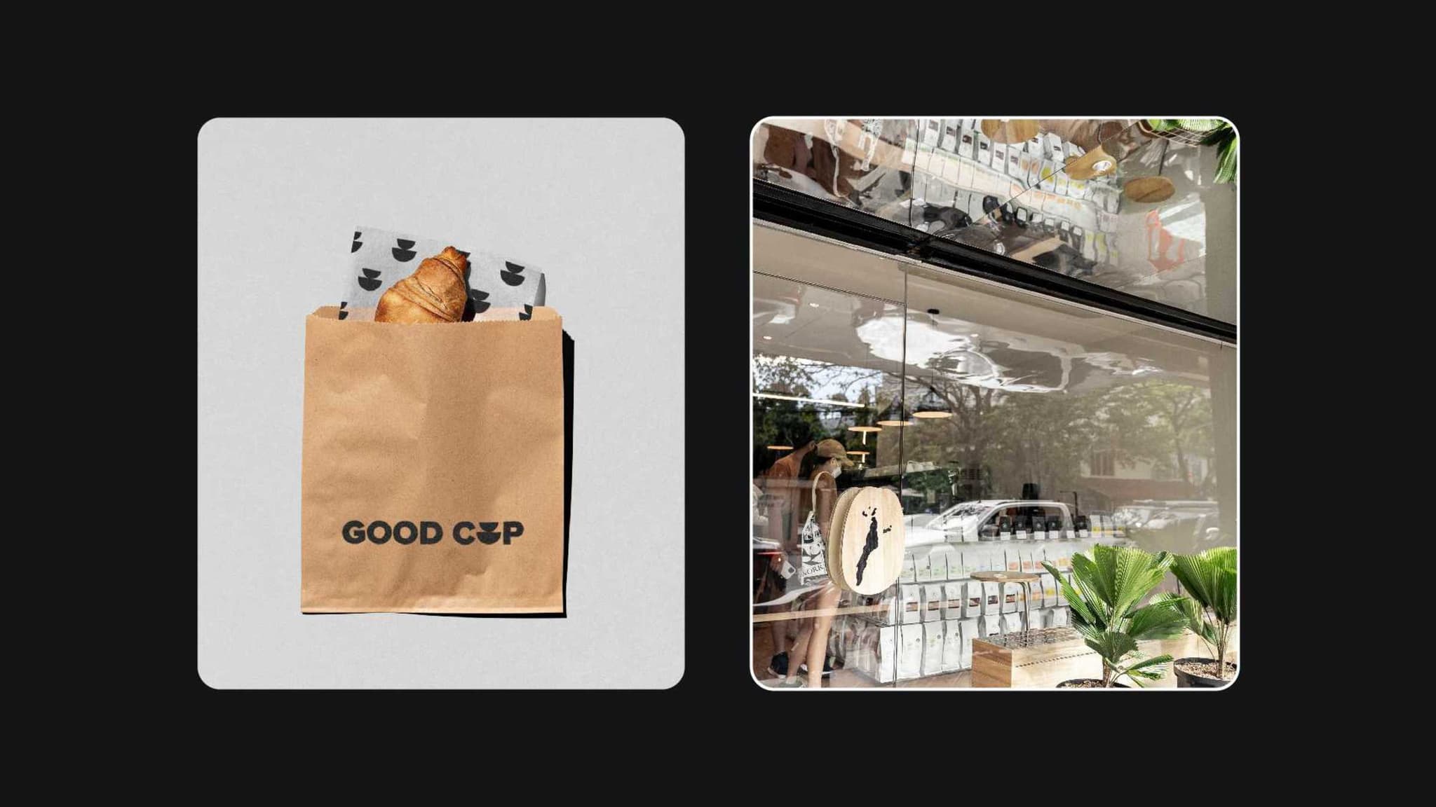 Good Cup paper pastry bag beside a café window showing the logo
