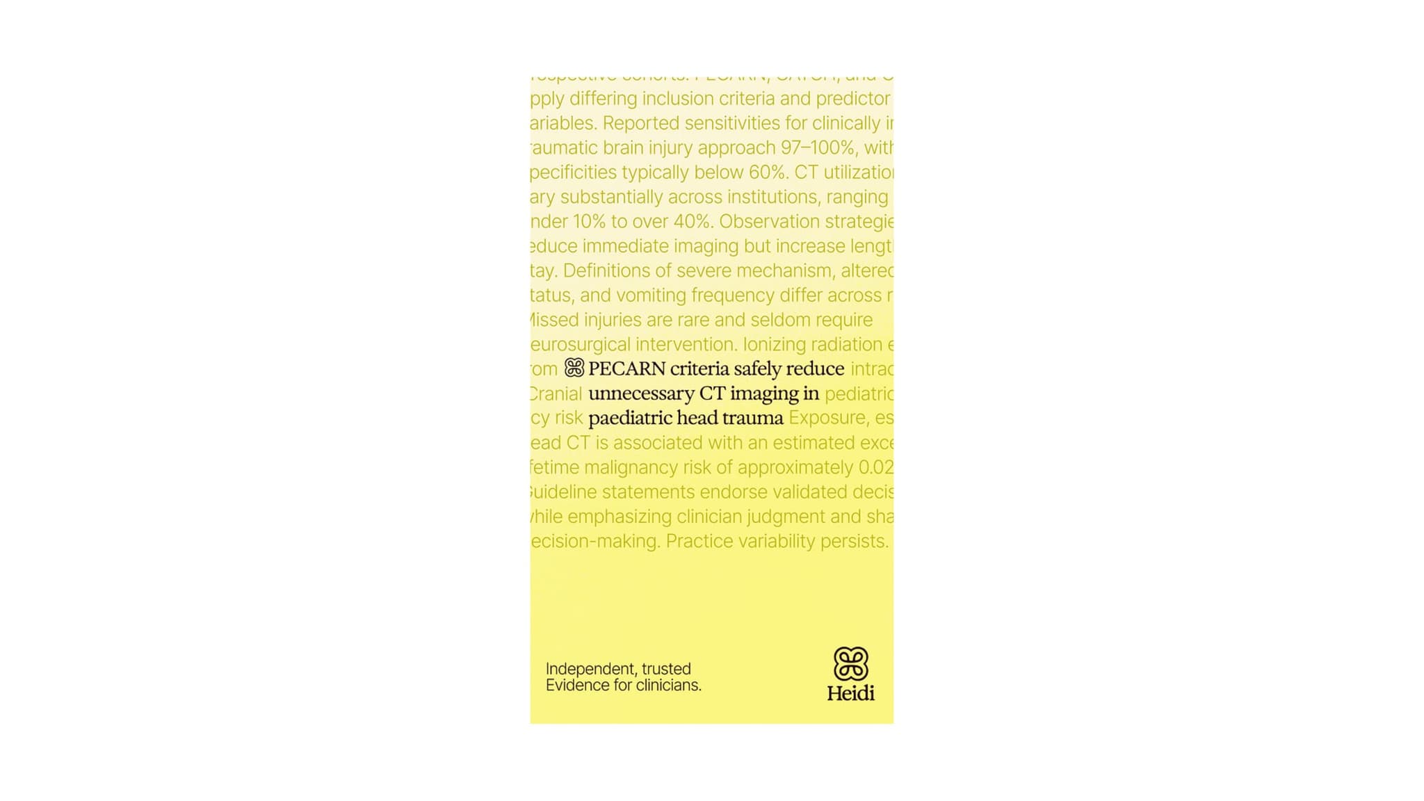 Portrait Heidi ad on pale yellow highlighting PECARN criteria for paediatric head trauma