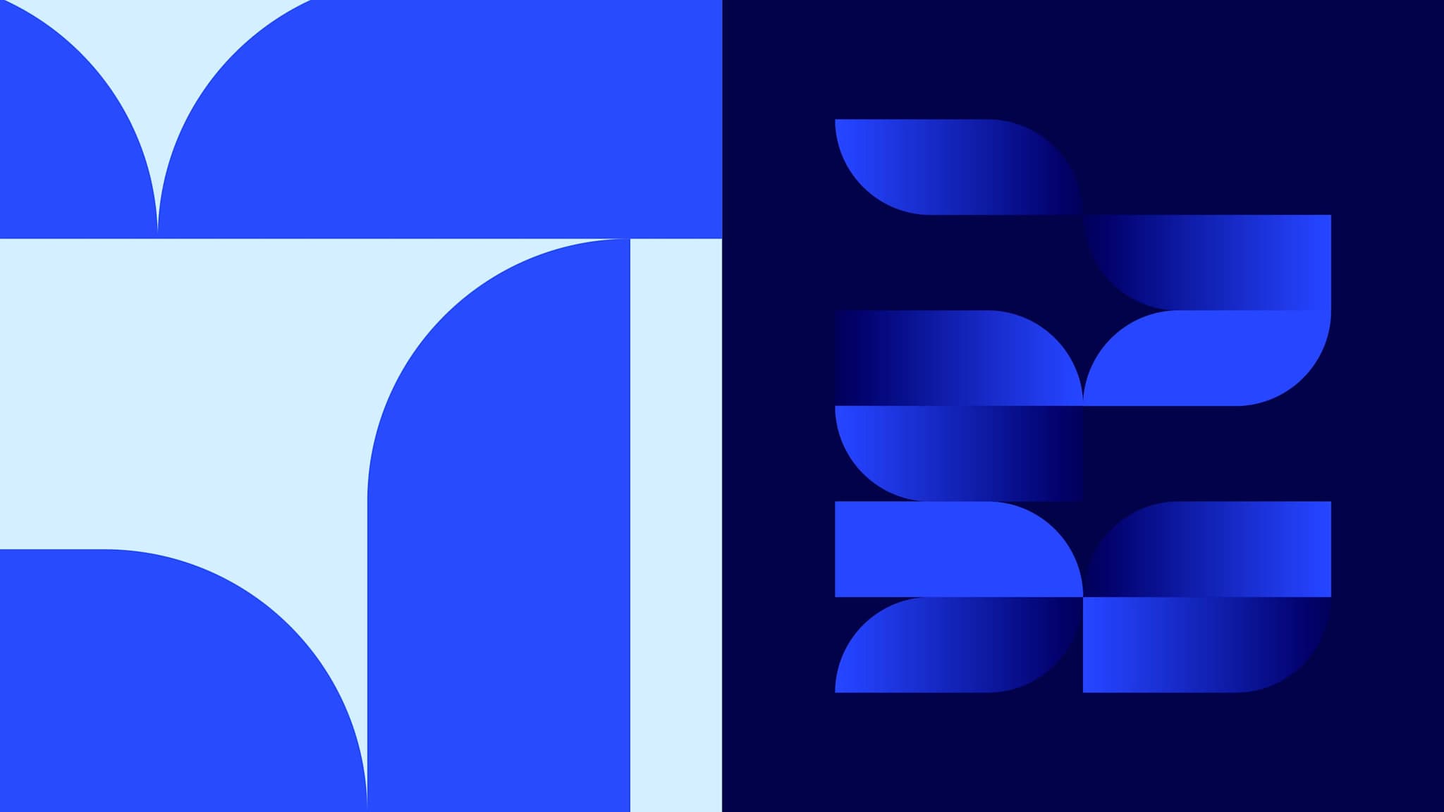 Abstract shapes built from the rounded T mark in blue, light blue and navy