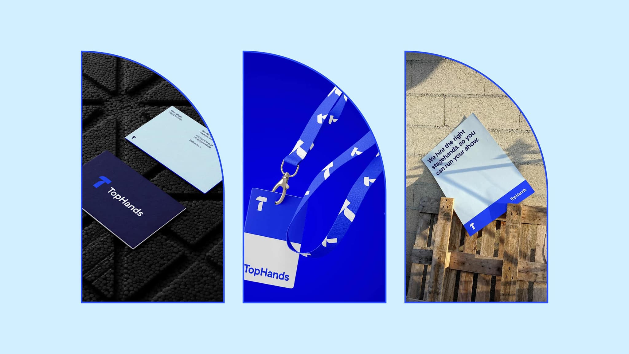 TopHands business card, lanyard badge and poster shown in arched frames