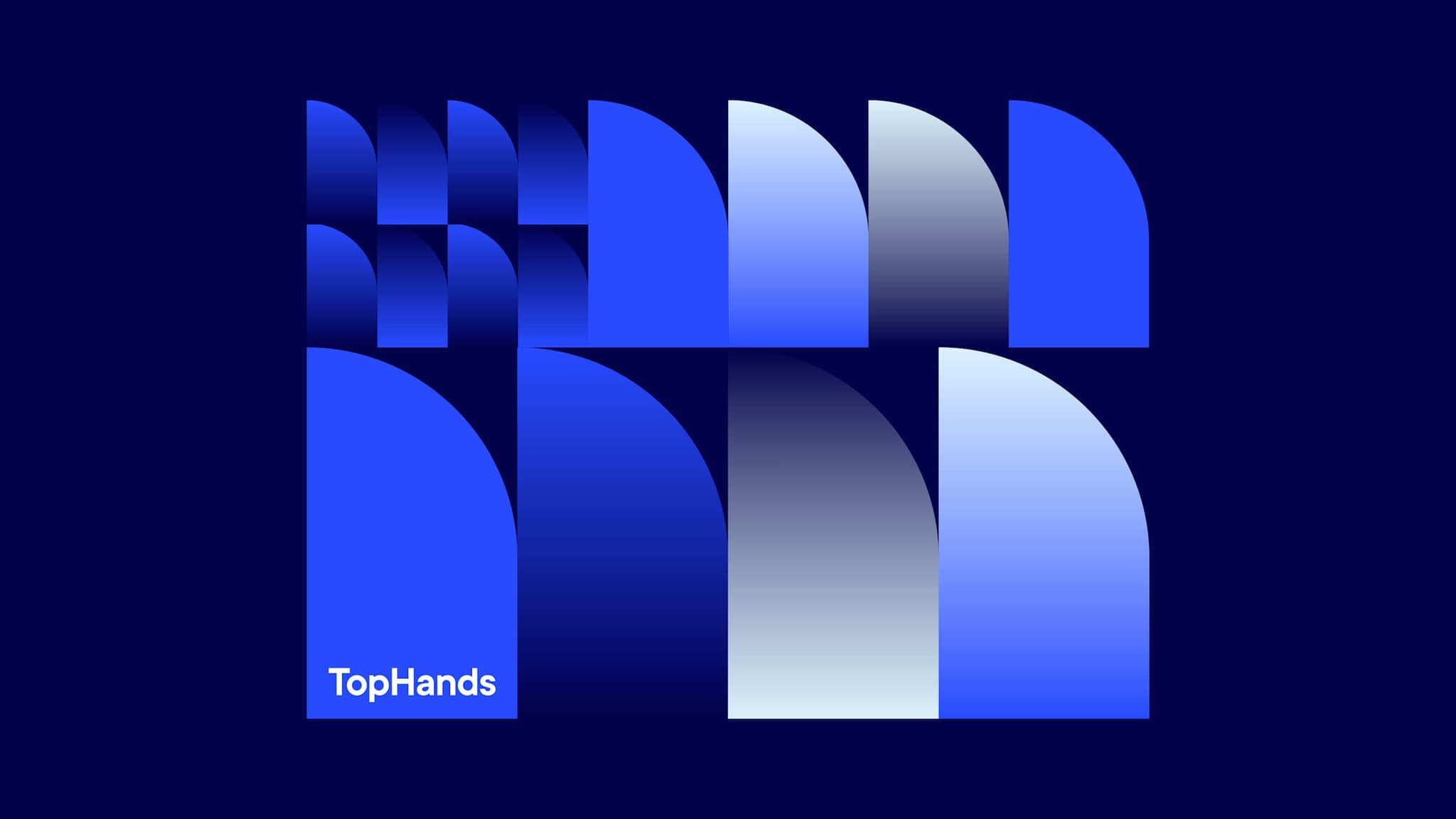 Pattern of gradient T-mark shapes on navy with the TopHands wordmark
