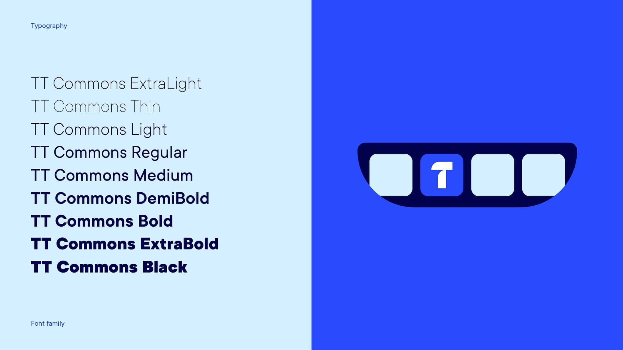 TT Commons type specimen in nine weights beside a row of app icons featuring the T mark