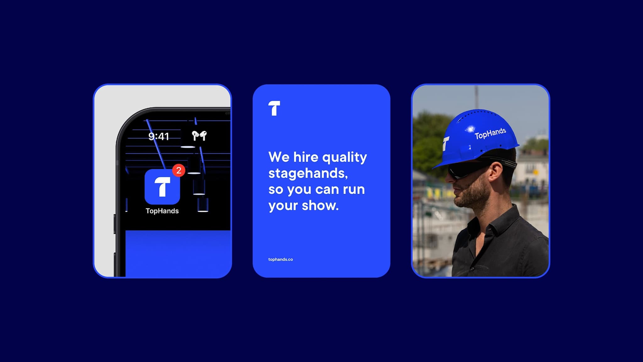 TopHands app icon, a “We hire quality stagehands” social post and a worker in a branded hard hat