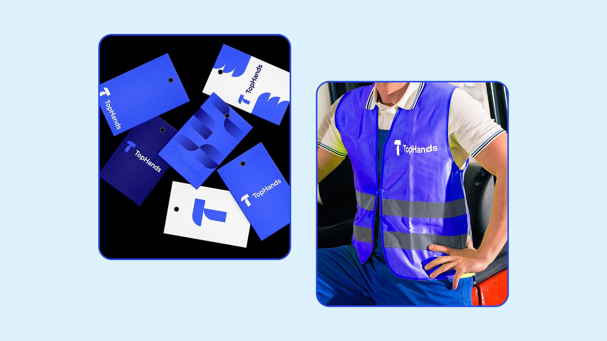 TopHands hang tags beside a worker wearing a branded high-visibility vest