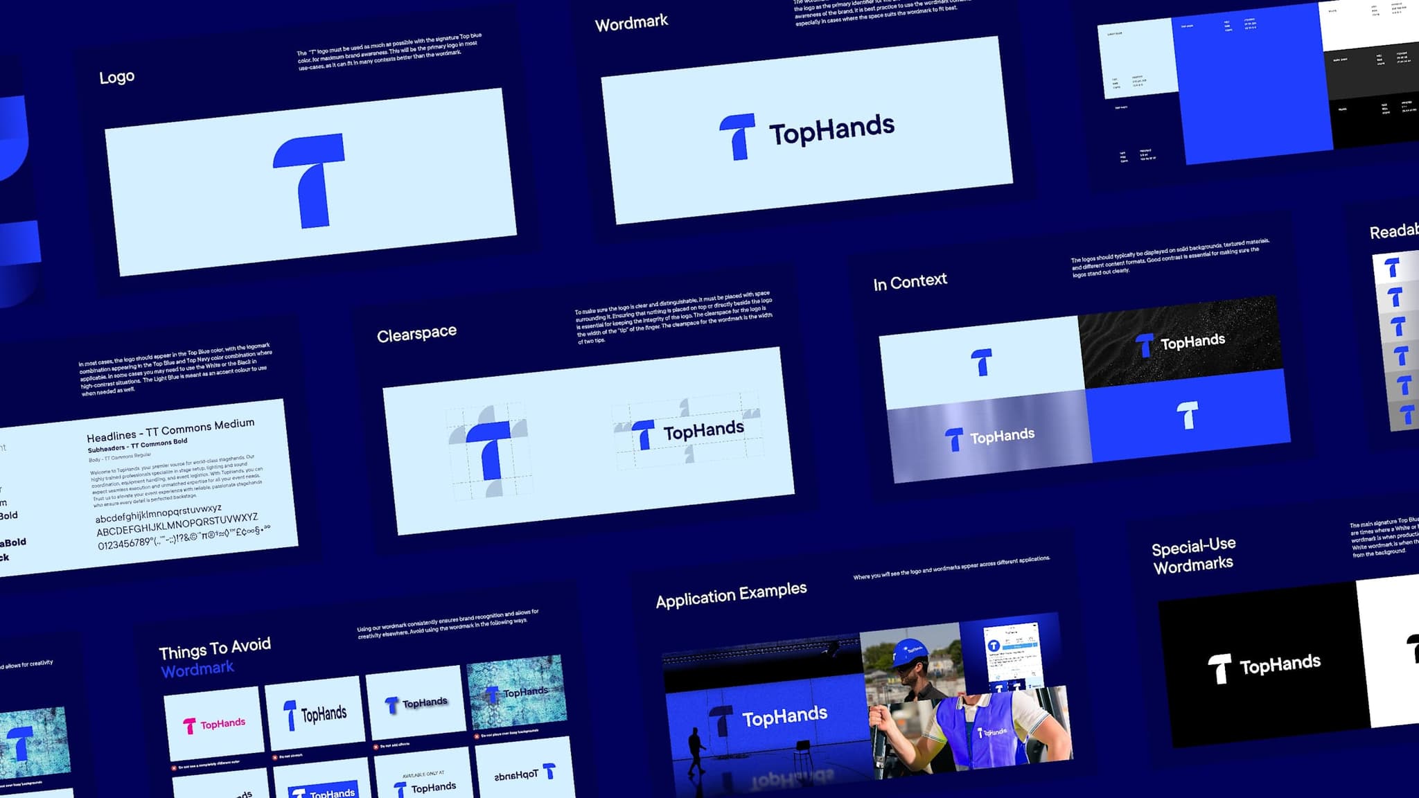 Spread of TopHands brand guideline pages covering the logo, wordmark and clear space