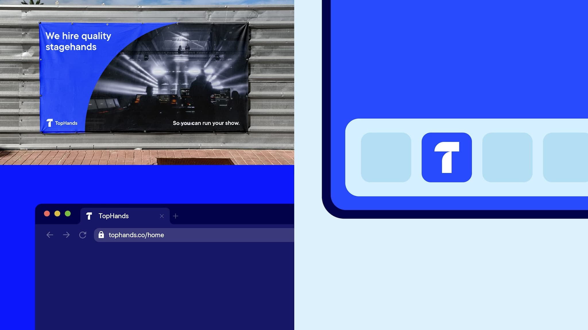 TopHands recruitment banner on a fence, a browser tab open to tophands.co, and the app icon in a dock