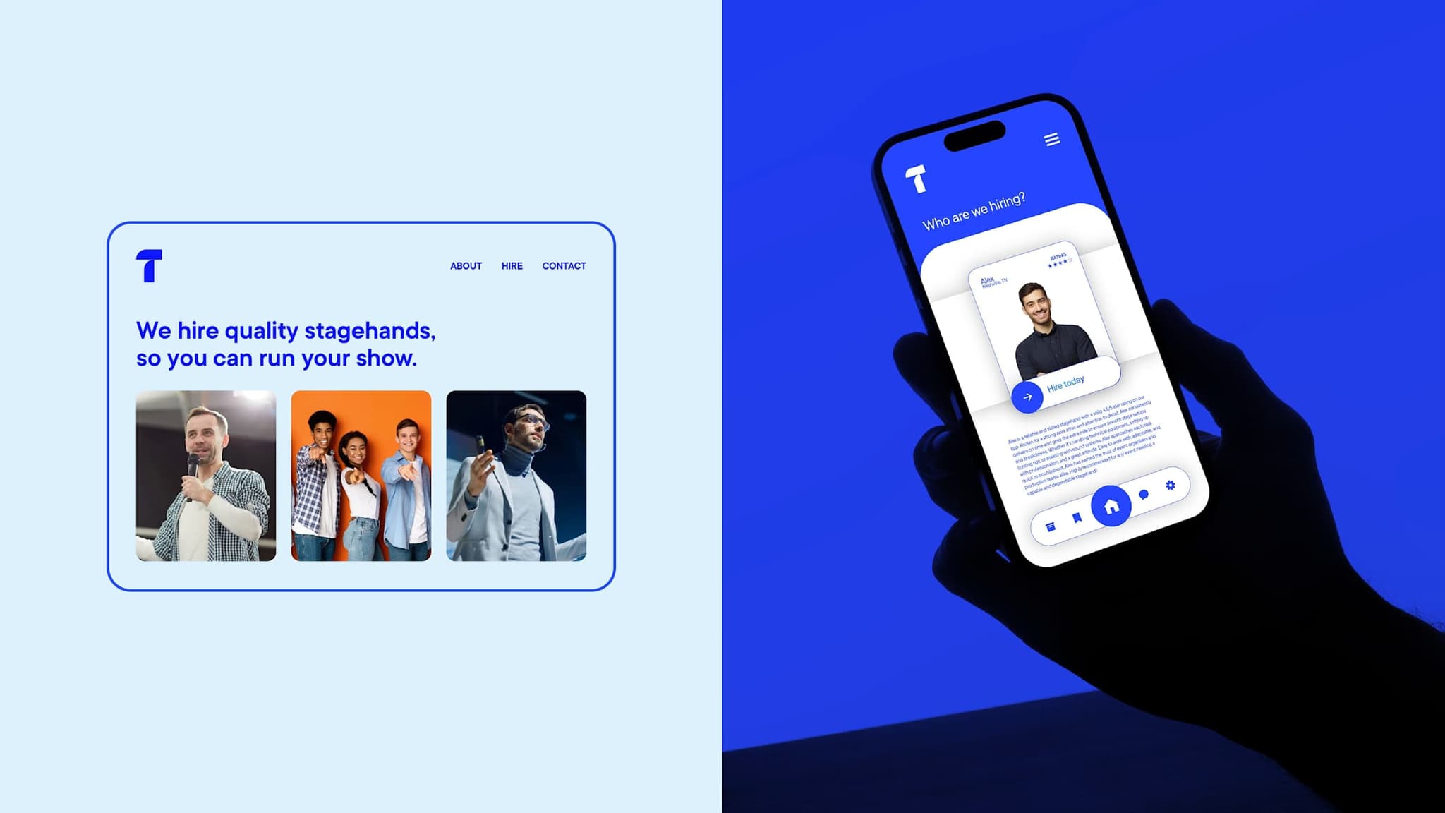 TopHands website headed “We hire quality stagehands, so you can run your show.” beside a hand holding a phone showing a stagehand profile